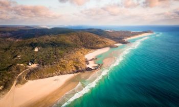 A aerial view of the coastline on K'gari Fraser island during the Dingo's 2 day 1 night camping trip
