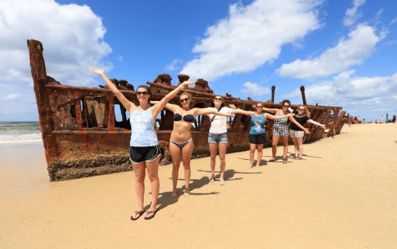 A aerial view of the coastline on K'gari Fraser island during the Dingo's 2 day 1 night camping trip