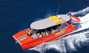 Aerial view of the Thundercat speedboat on it's way to the Whitsundays islands and Whitehaven beach
