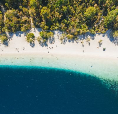Droneshot of lake beach on K'gari Fraser Island 
