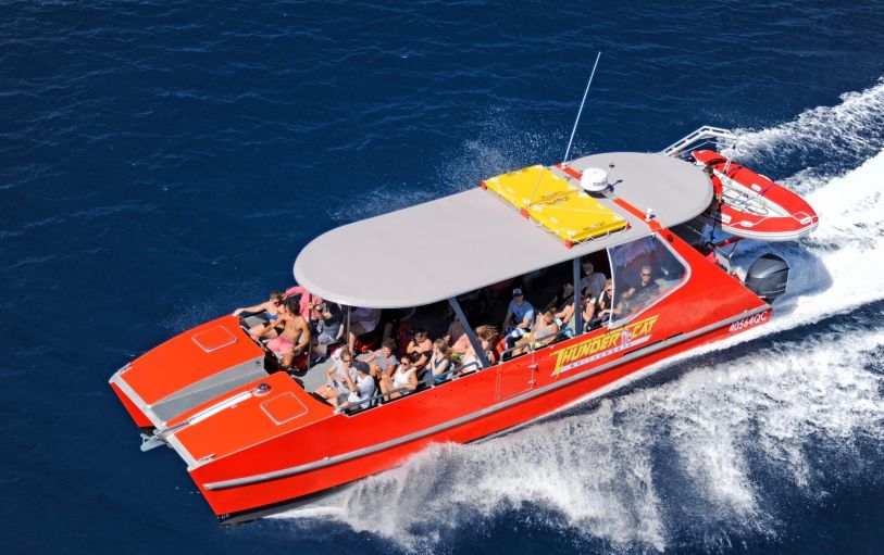Aerial view of the Thundercat speedboat on it's way to the Whitsundays islands and Whitehaven beach