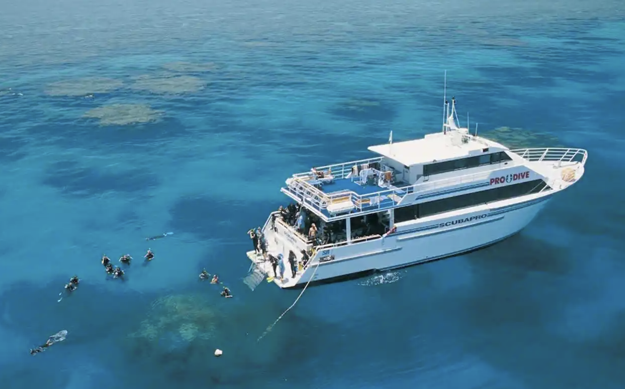 prodive boat docked on the Great Barrier Reef with snorkellers in the water on a liveaboard trip
