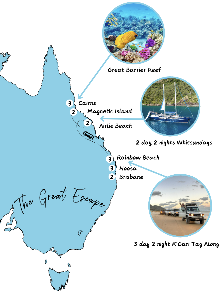 A map showing the route on the East Coast for The Great Escape Australia 21 day trip
